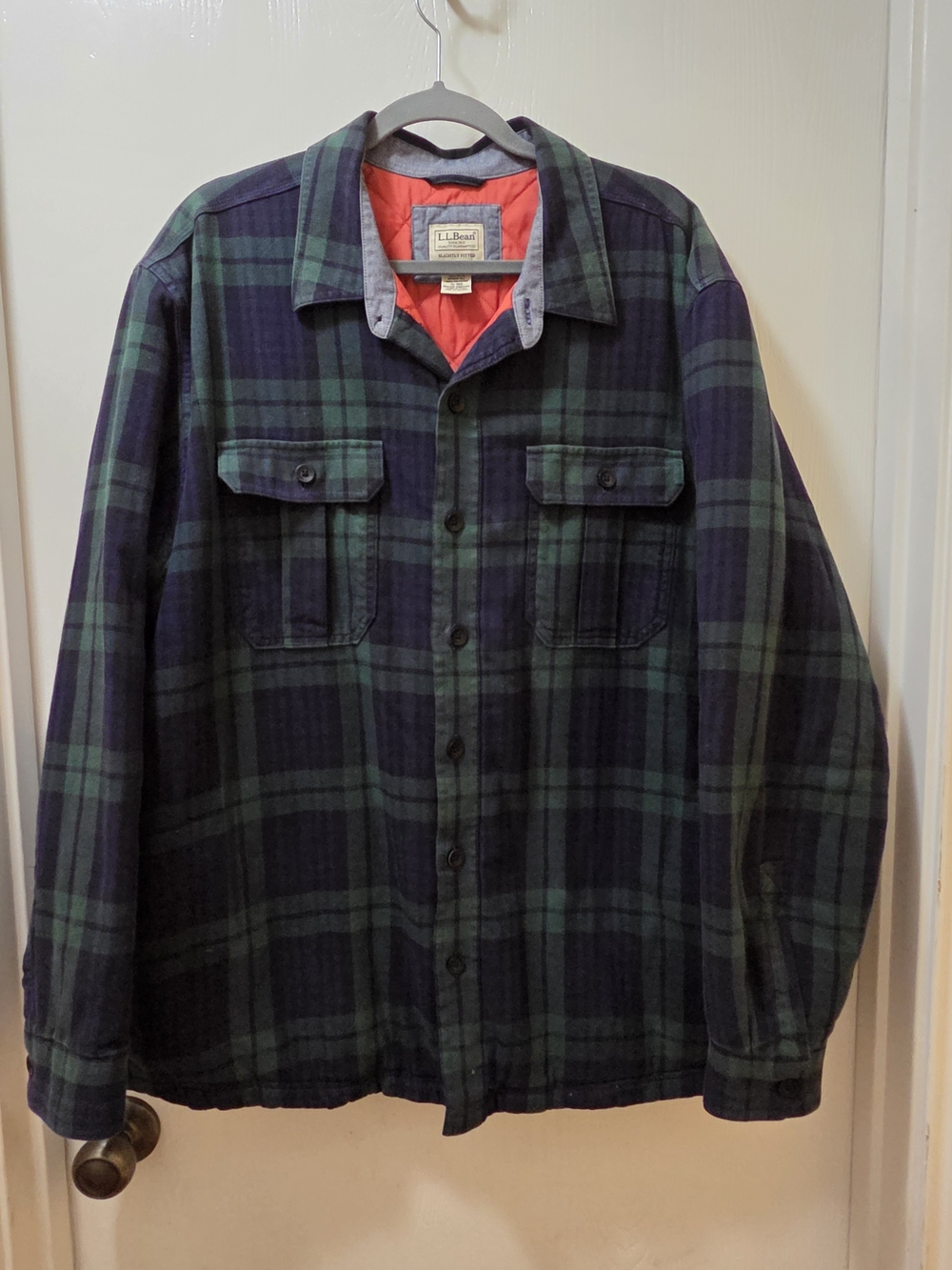 L.L. Bean Dark Green and Navy Plaid Shirt Jacket with Red Lining